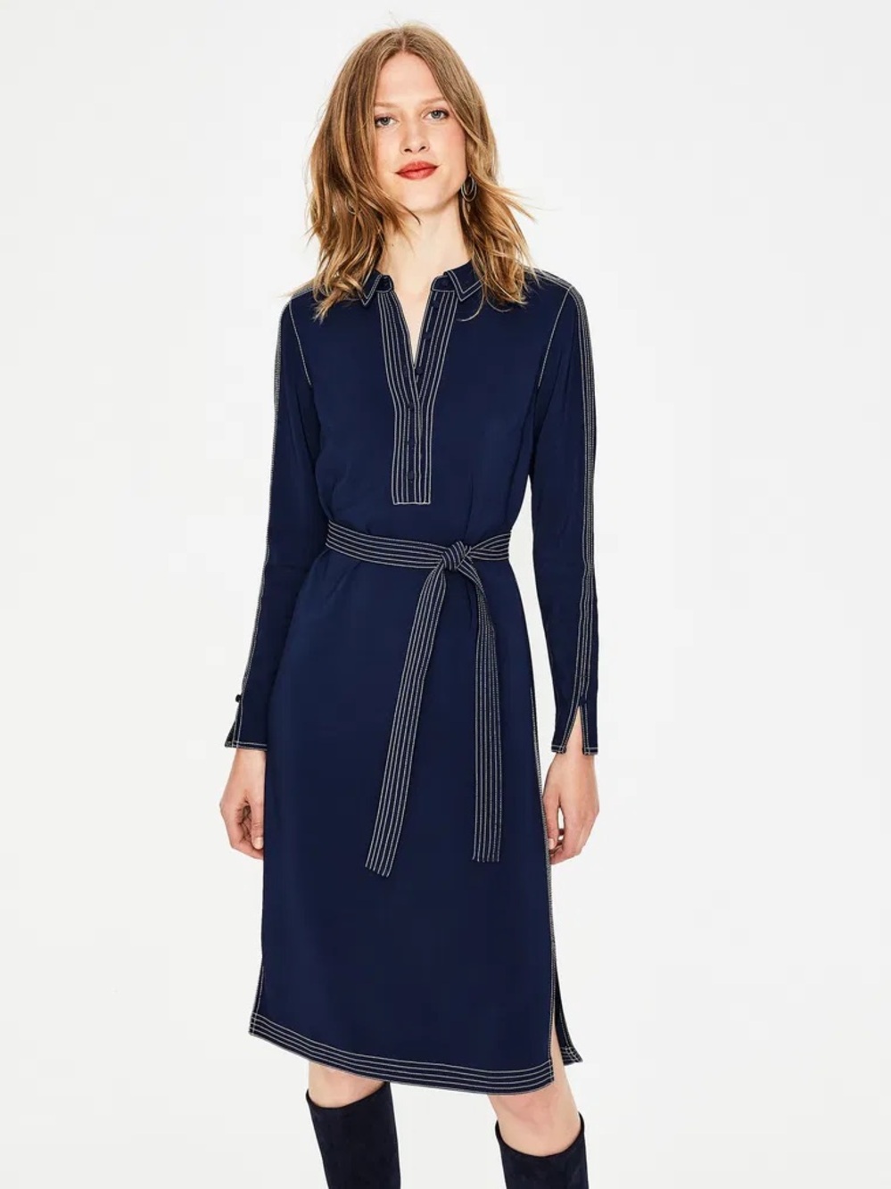 Boden Scarlett Shirt Dress Navy Blue Belted 16L Long Sleeve Preppy Classic Midi